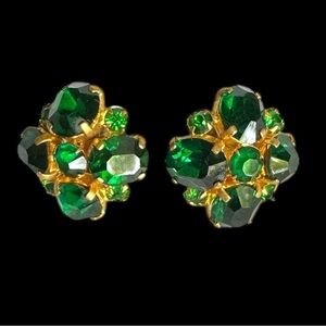 Vintage Signed Czechoslovakia Green Rhinestone Screw Back Earrings Czech